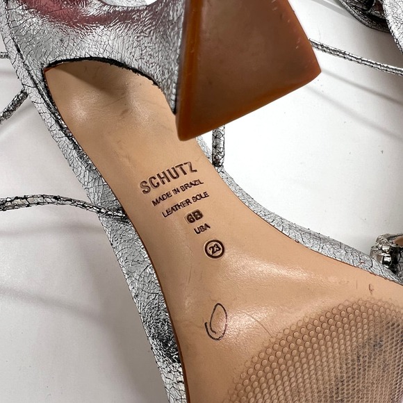 SCHUTZ Bellin Heels Womens 6 Silver Metallic Jeweled Ankle Wrap Strappy Sandal - Picture 7 of 14